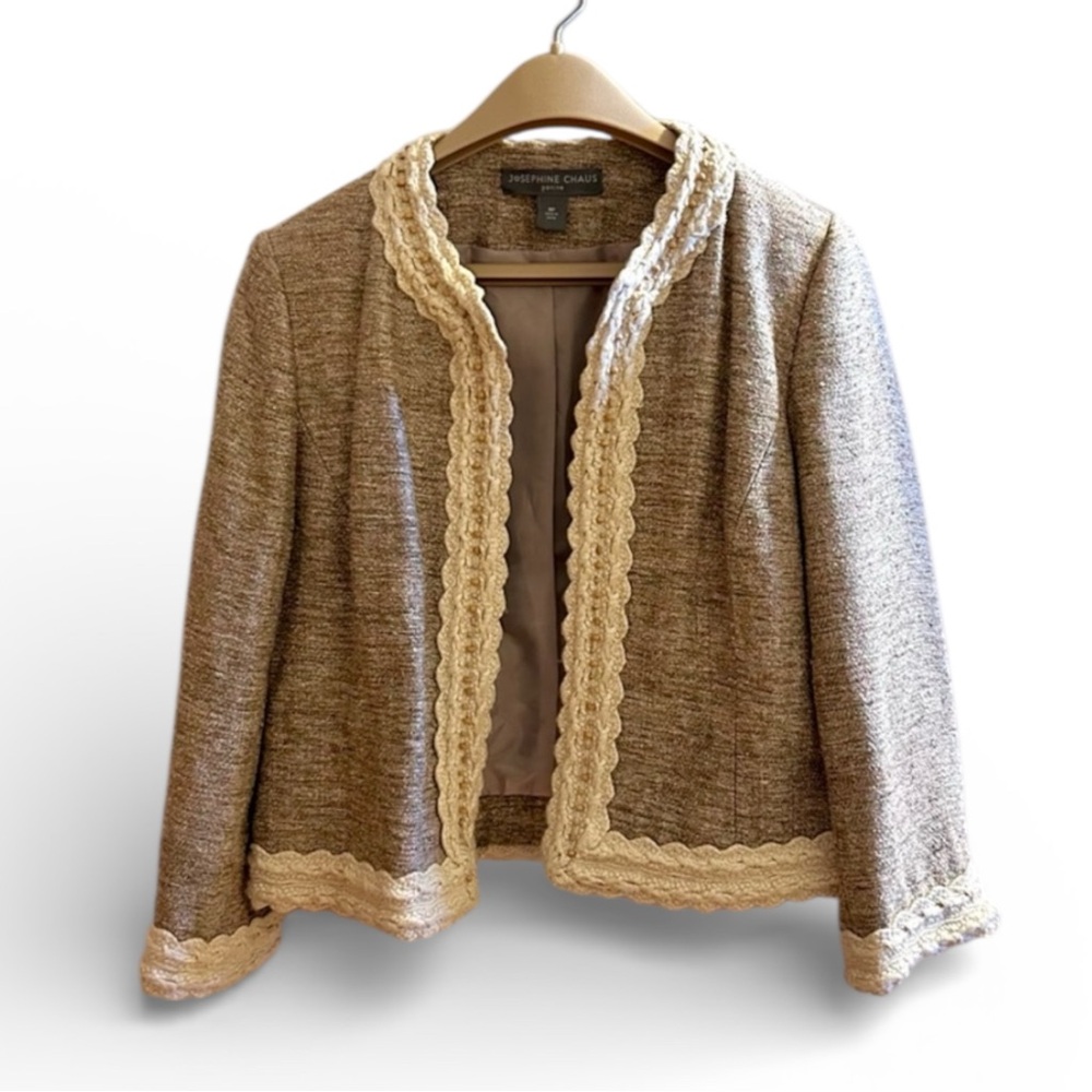 Vintage Oatmeal & Brown Silk Mix Boucle Jacket Cottage Collarless Blazer Crochet